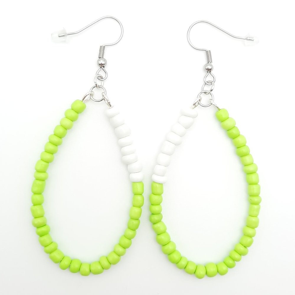 Green White Beaded Teardrop Dangle Drop Earrings Handmade Jewelry